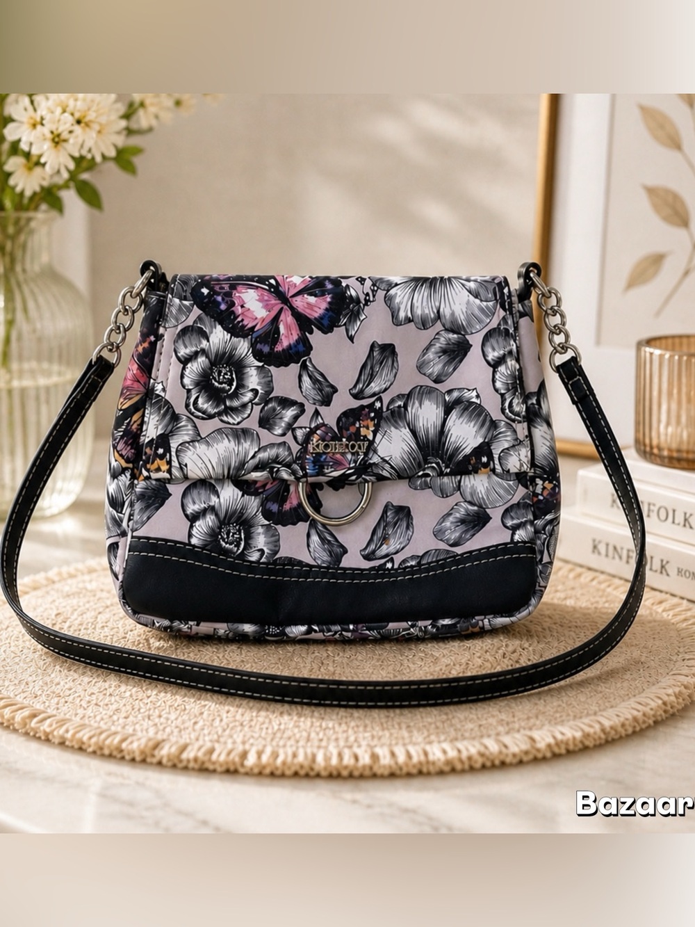 Koltov Collections White Butterfly Floral Handbag Crossbody Vegan Leather